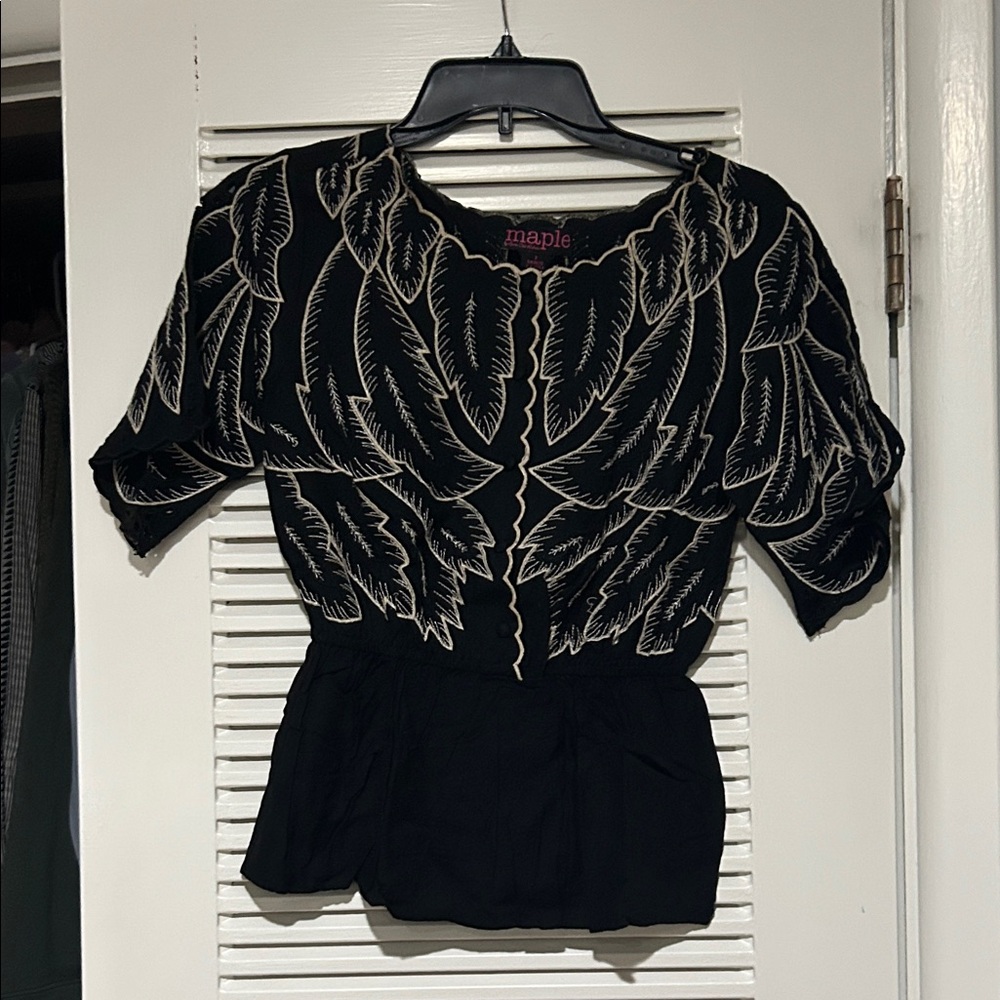 Elegant Black and Cream Leaf Embroidered Women's Blouse